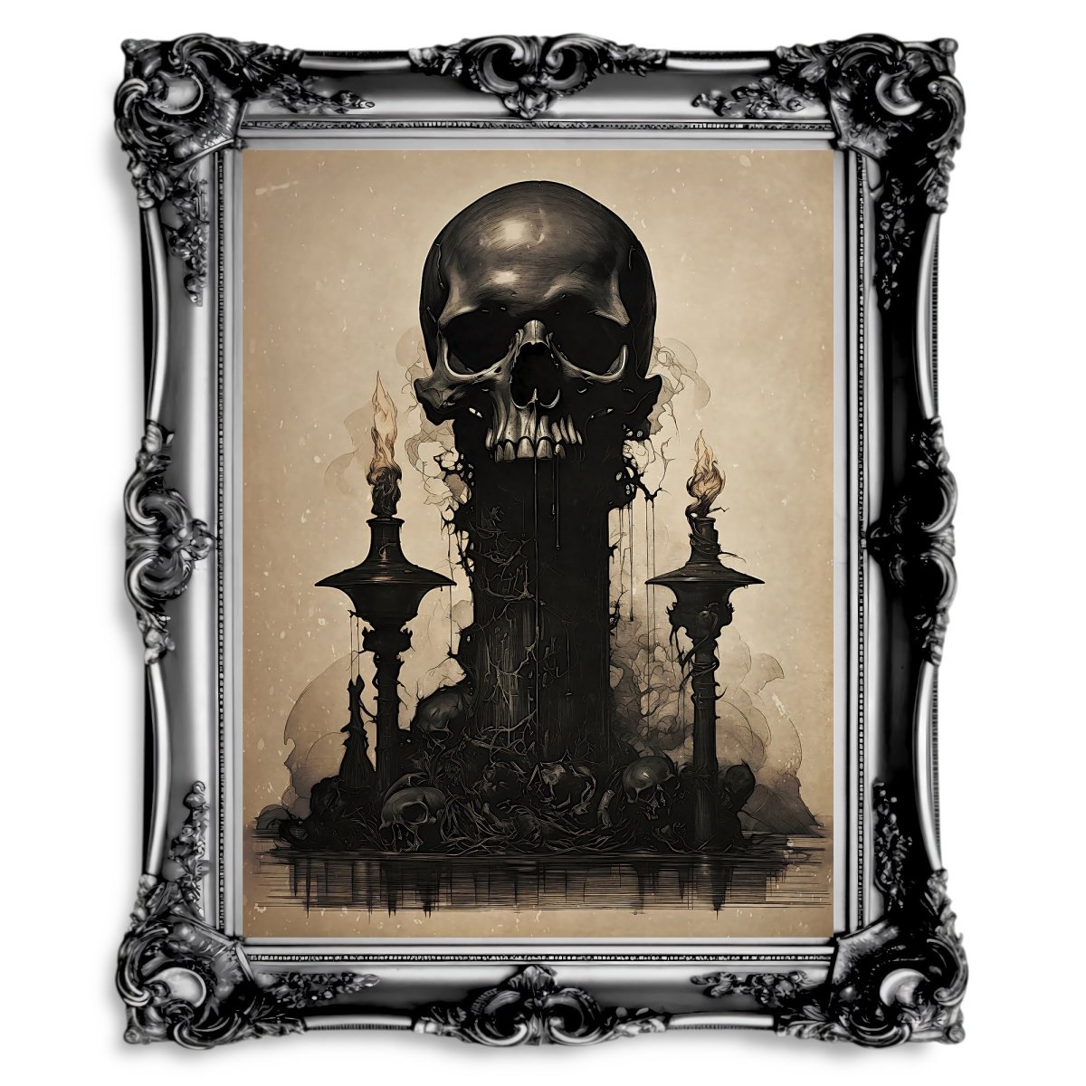 Occult Skull Antique Dark Cottagecore Artwork Moody Pagan Painting - Paper Poster Print - Everything Pixel