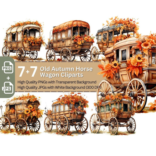 Old Horse Wagon Autumn Decoration 7+7 PNG Clip Art Bundle for Thanksgiving - Everything Pixel