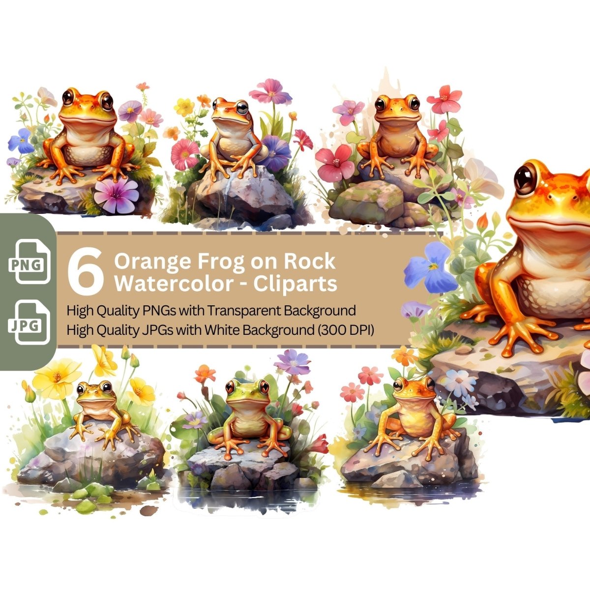 Orange Frog on Rock with Flowers 6+6 PNG Clip Art Bundle - Everything Pixel