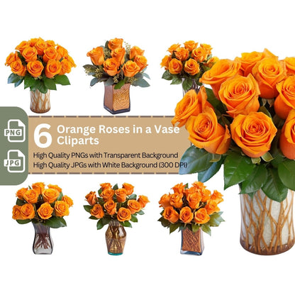 Orange Roses in Vase 6+6 PNG Bundle for Sublimation Clipart - Everything Pixel