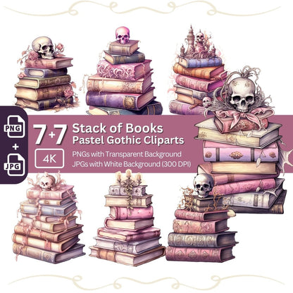 Pastel Gothic Stack of Books Clipart 7+7 PNG JPG Bundle - Everything Pixel