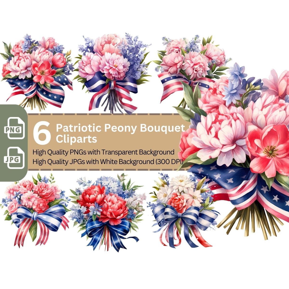 Patriotic Peony Bouquet 6+6 PNG Clip Art Bundle 4th july - Everything Pixel
