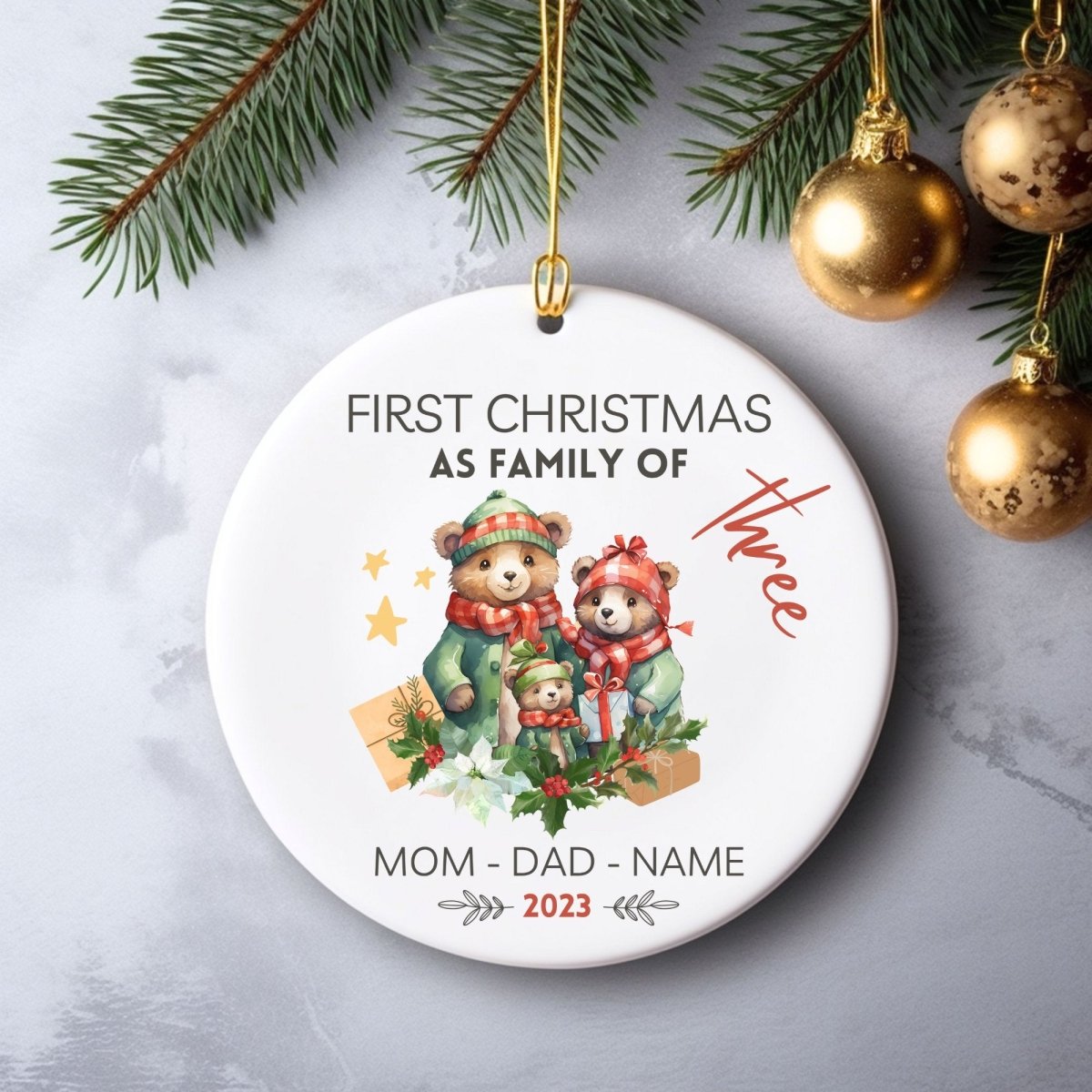 Personalised First Christmas as Family of Three - Custom Round Ceramic Ornament, New Baby Gift, First Christmas Tree Decoration - Everything Pixel