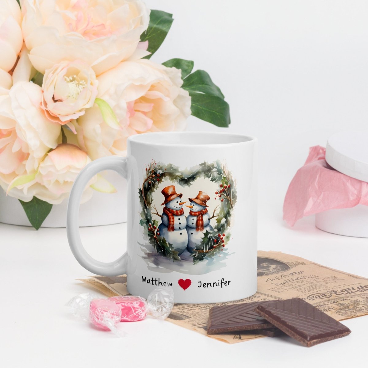 Personalized Lovers Mug Custom Valentines Day Snowman Couple Mug Gift for Couple Gift Idea for Him and Her Cute Custom Name Anniversary Gift - Everything Pixel