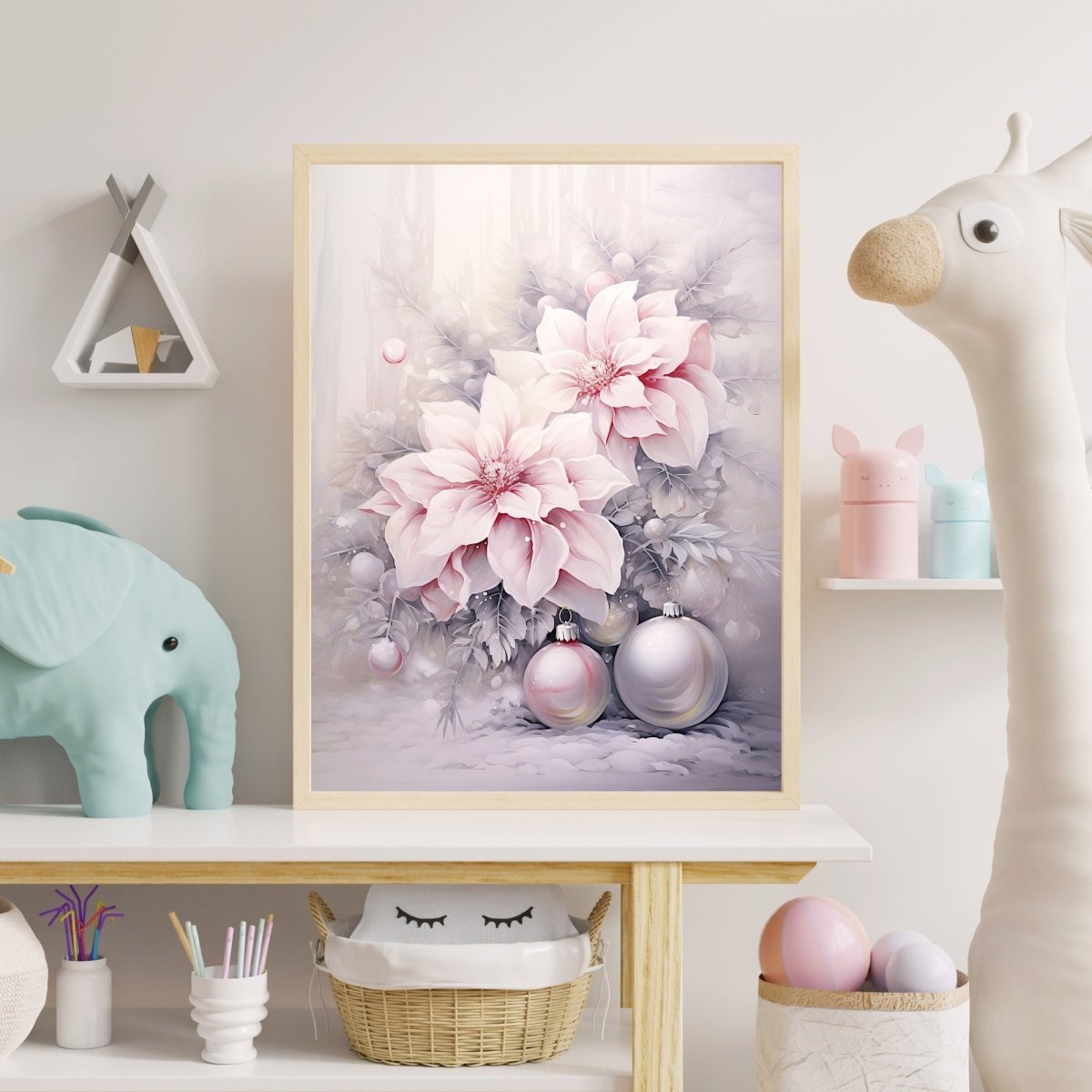 Pink Christmas Decor Wall Art Seasonal Watercolor Painting Charming Soft Muted Colors Pink Farmhouse Decoration Pink Poinsettias Paper Poster Print - Everything Pixel