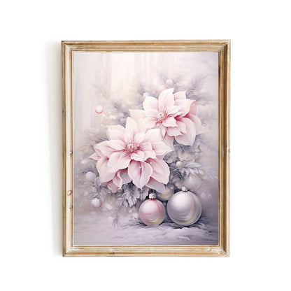 Pink Christmas Decor Wall Art Seasonal Watercolor Painting Charming Soft Muted Colors Pink Farmhouse Decoration Pink Poinsettias Paper Poster Print - Everything Pixel
