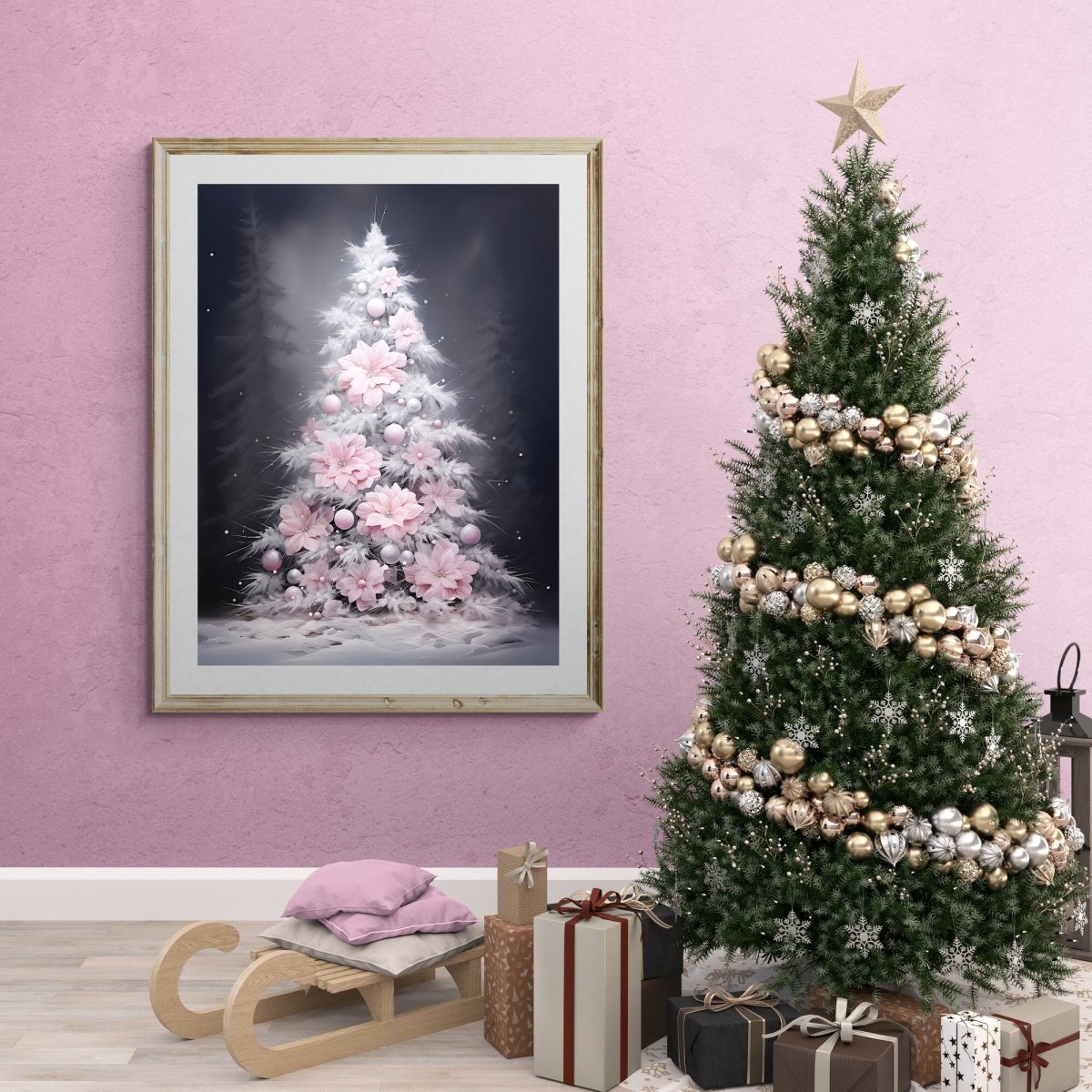 Pink Christmas Tree Wall Art Seasonal Painting Charming Christmas Artwork Pink Farmhouse Decoration Winter Wonderland Print Paper Poster Print - Everything Pixel