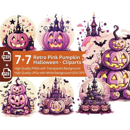 Pink Halloween Pumpkin Clipart 7+7 PNG/JPG Bundle Halloween - Everything Pixel