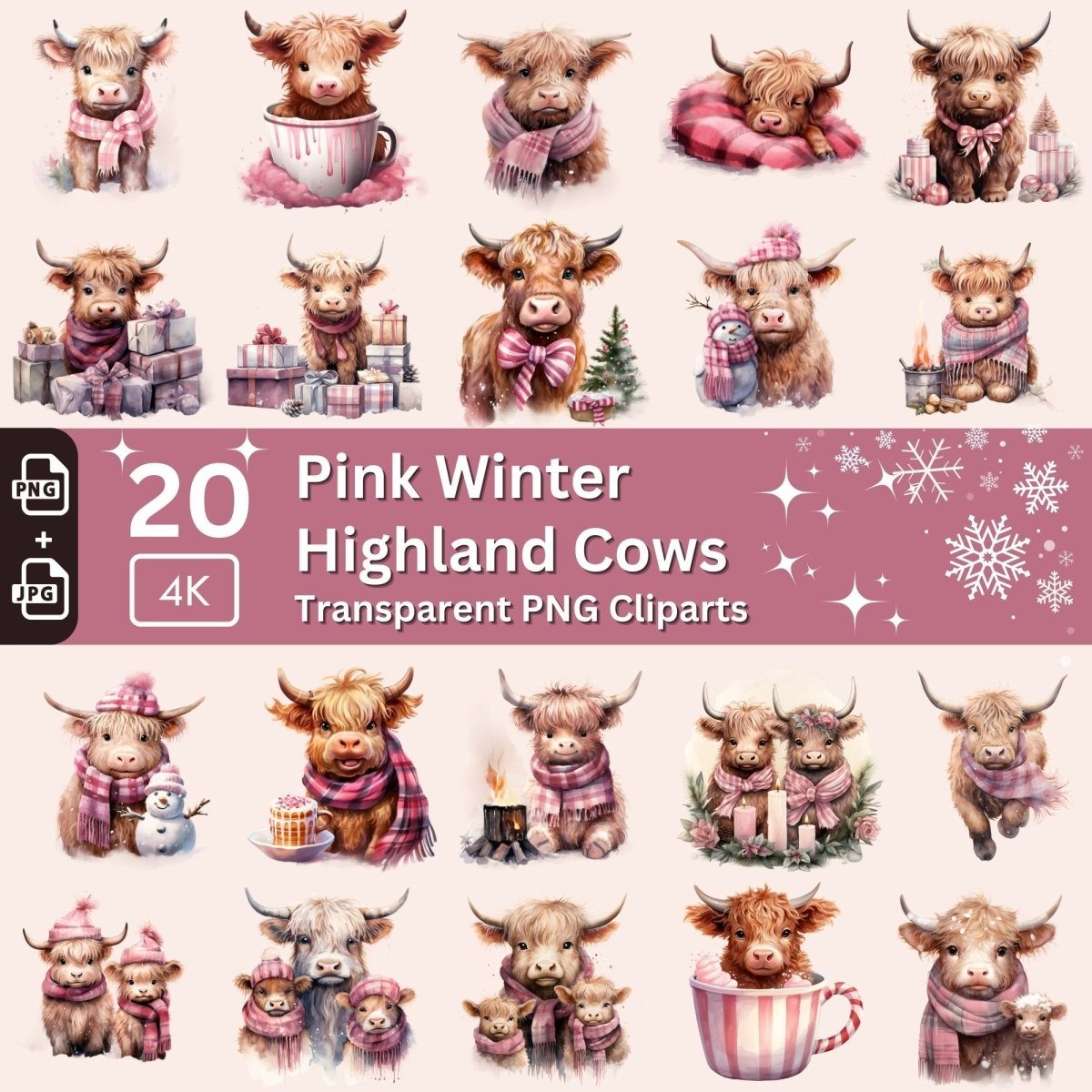 Pink Highland Cow Winter Clipart 20 PNG Bundle Christmas Watercolor Images Seasonal Children Book Graphics Girly Card Making Xmas Family - Everything Pixel