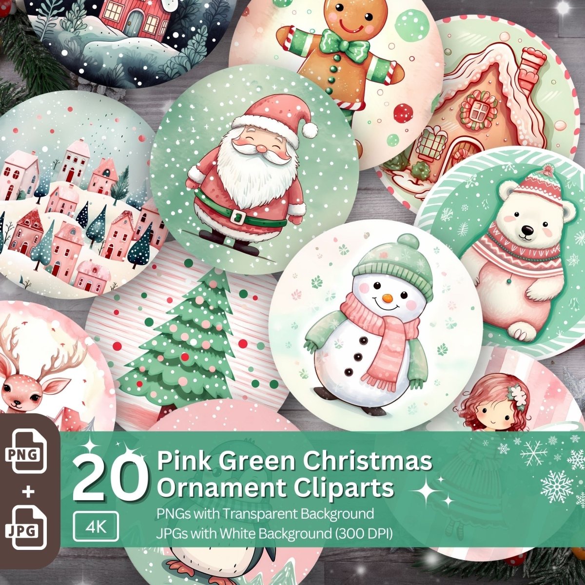 Pink Mint Christmas Ornaments 20 PNG Printable Bundle Sublimation Design Festive Round Stickers Cute Animal Clipart Soft Pink Mint Green - Everything Pixel