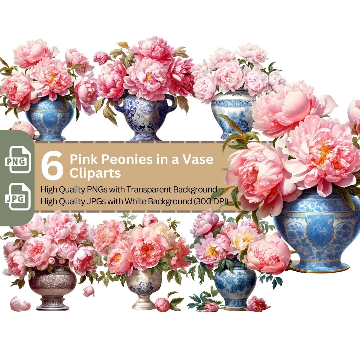 Pink Peonies in Vase 6+6 PNG Clip Art Bundle Floral Artwork - Everything Pixel