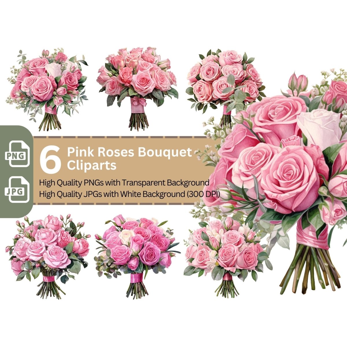 Pink Rose Bouquet 6+6 PNG Bundle for Sublimation Clipart - Everything Pixel