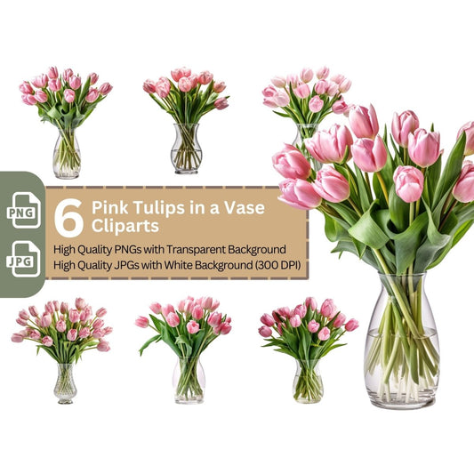 Pink Tulips in Vase 6+6 PNG Clipart Bundle, Transparent Background, Photorealistic - Everything Pixel