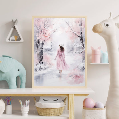Pink Winter Wonderland Wall Art Seasonal Watercolor Painting Charming Soft Muted Colors Pink Farmhouse Decoration Paper Poster Print - Everything Pixel