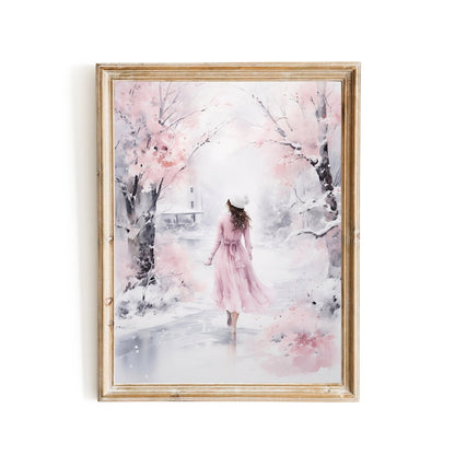 Pink Winter Wonderland Wall Art Seasonal Watercolor Painting Charming Soft Muted Colors Pink Farmhouse Decoration Paper Poster Print - Everything Pixel