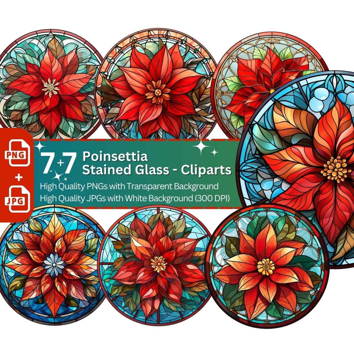 Poinsettia Stained Glass Clipart 7+7 PNG/JPG Bundle Winter Decoration - Everything Pixel