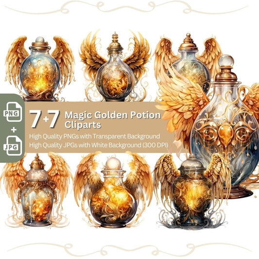 Potion Bottle Clipart 7+7 PNG Clip Art Bundle Golden Fantasy Elixir with Angels Wings - Everything Pixel