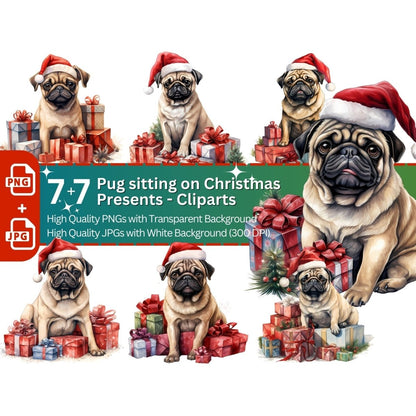 Pug with Christmas Gifts 7+7 PNG Clip Art Bundle Festive Decoration - Everything Pixel