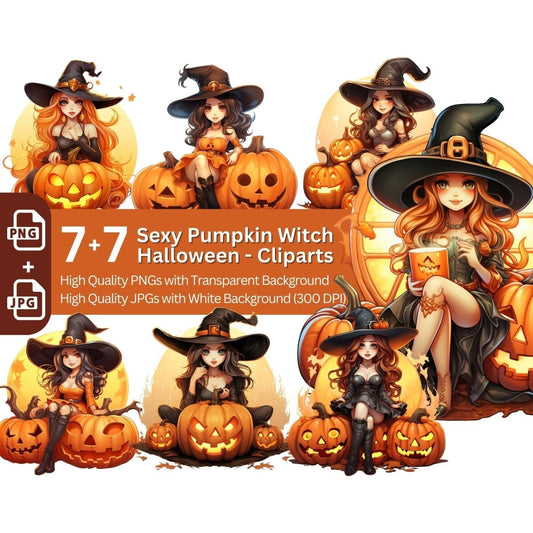 Pumpkin Witch Clipart 7+7 PNG/JPG Bundle Halloween - Everything Pixel
