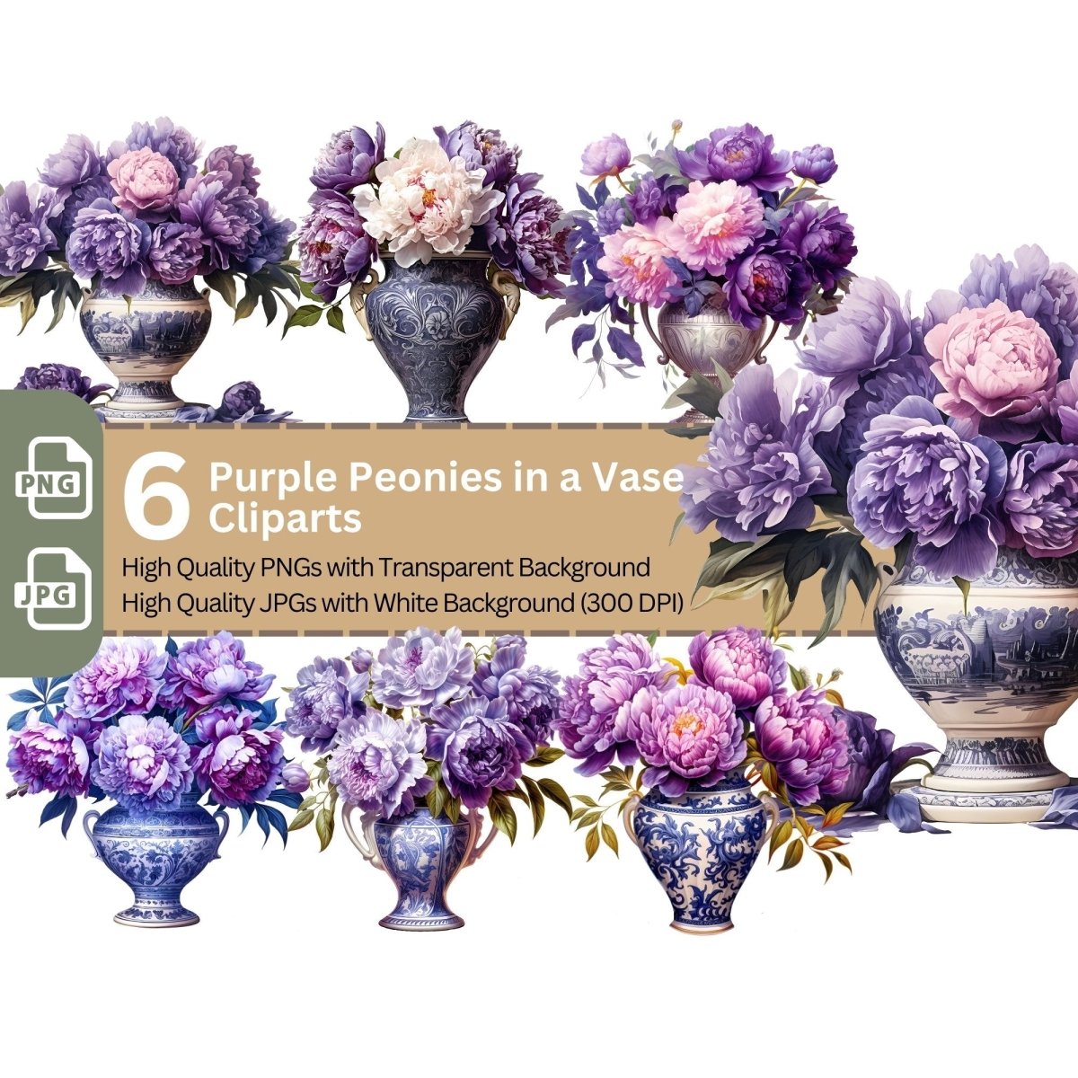 Purple Peonies in Vase 6+6 PNG Clip Art Bundle Floral Artwork - Everything Pixel