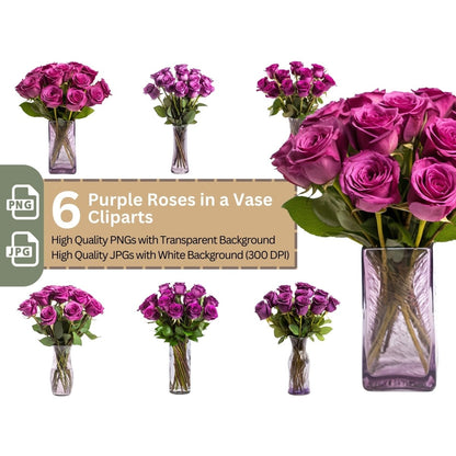 Purple Roses in Vase 6+6 PNG Bundle for Sublimation Clipart - Everything Pixel