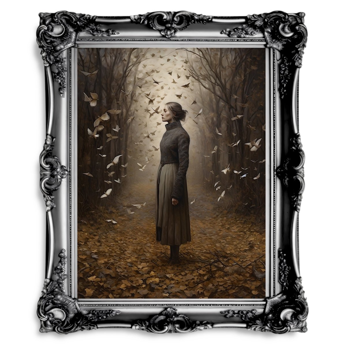 Queen of Moths Moody Wall Art Woman surrounded by Moths in Misty Autumn Woodland Poster - Everything Pixel