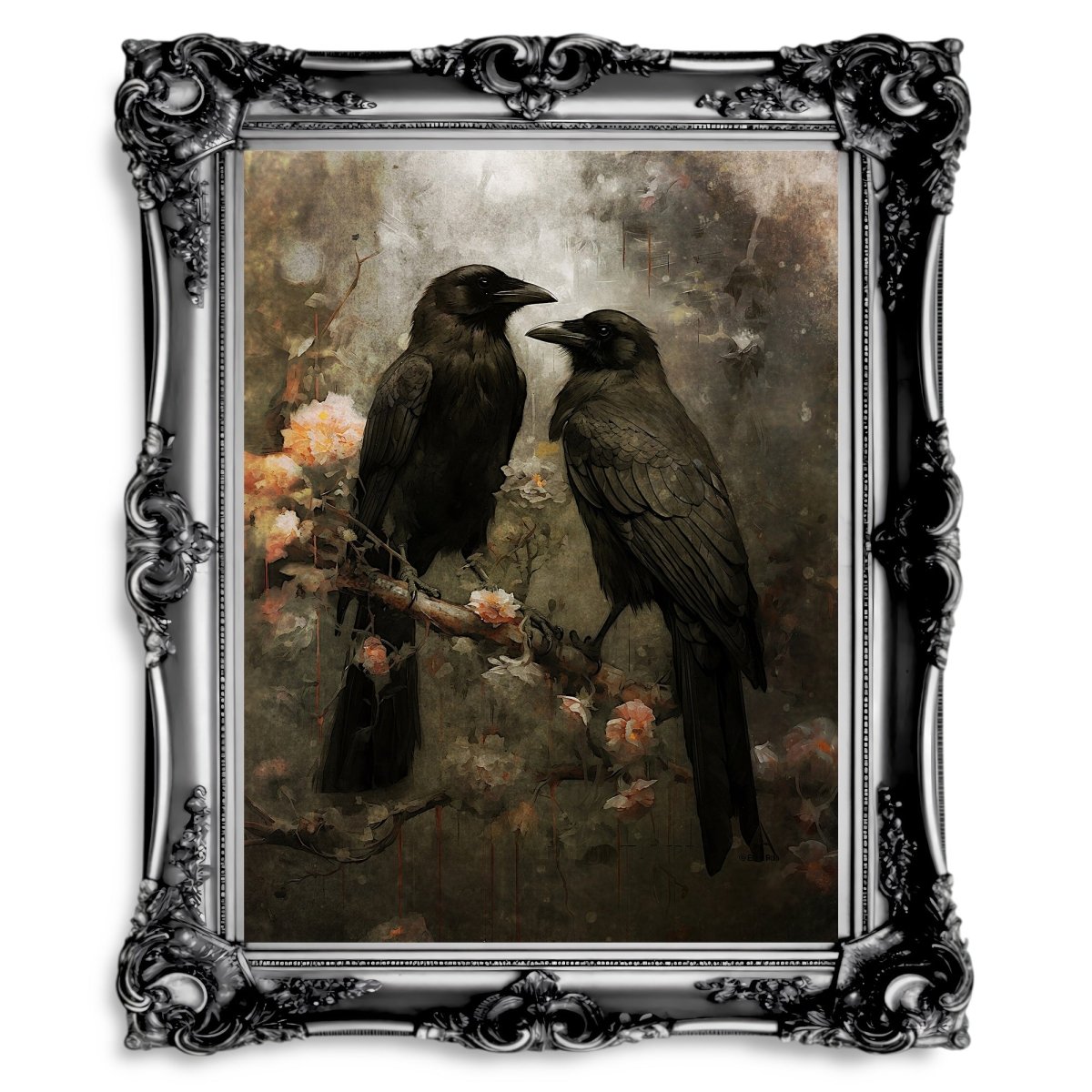 Raven Couple in Dark Forest Vintage Dark Cottagecore Wildlife Painting - Paper Poster Print - Everything Pixel