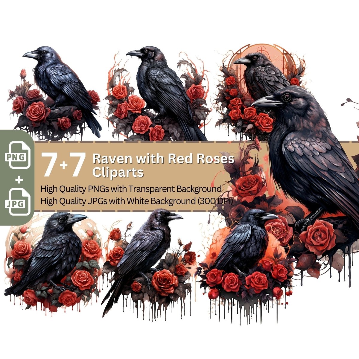 Raven with Red Roses 7+7 High Quality PNGs Clipart Bundle Gothic - Everything Pixel