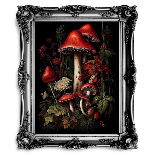 Red Mushrooms in Dark Forest Dark Cottagecore Paper Poster Print - Dark Academia Wall Art - Everything Pixel