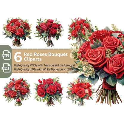Red Rose Bouquet 6+6 PNG Bundle for Sublimation Clipart - Everything Pixel