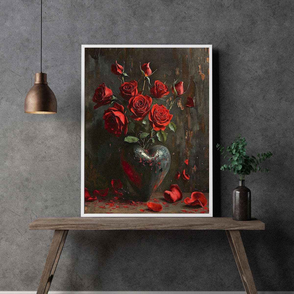 Red Rose Valentine Wall Art Still Life Oil Painting Heart with Red Roses Gothic Decor Goblincore Decor Dark Romance Print Paper Poster Print - Everything Pixel