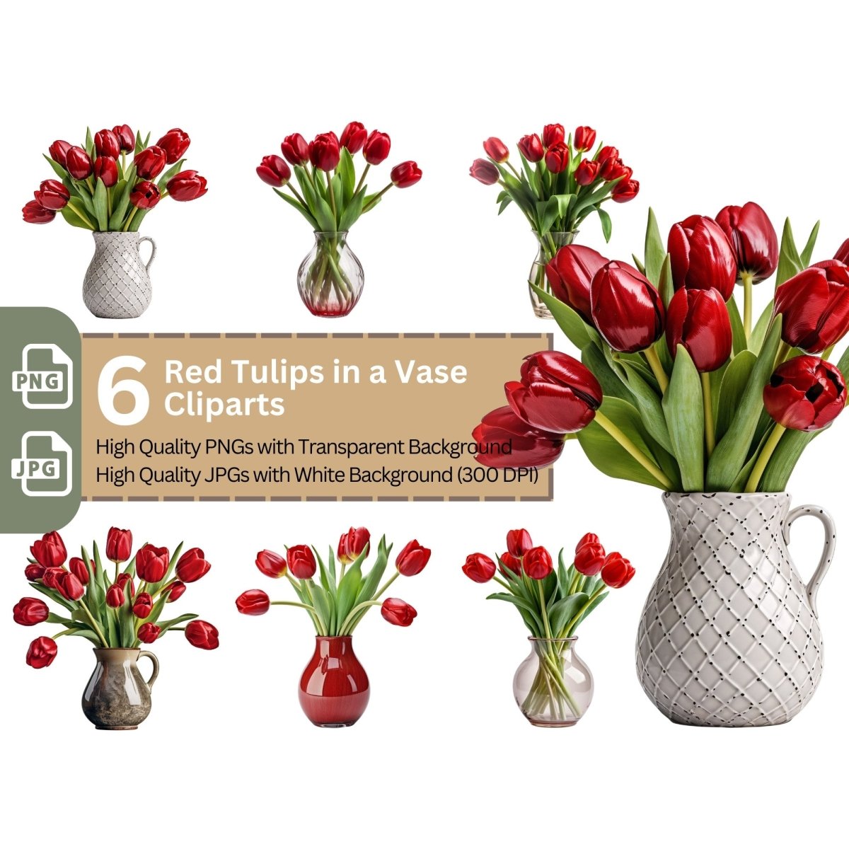 Red Tulips in Vase 6+6 PNG Clipart Bundle, Transparent Background, Photorealistic - Everything Pixel