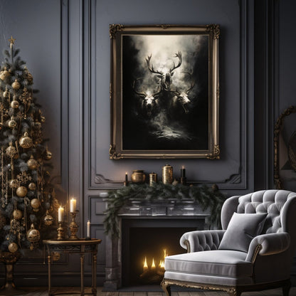Reindeers from Hell Wall Art Dark Aesthetic Reindeer Painting Scary Dark Cottagecore Painting Spooky Christmas Horror Wall Art Paper Poster Print - Everything Pixel