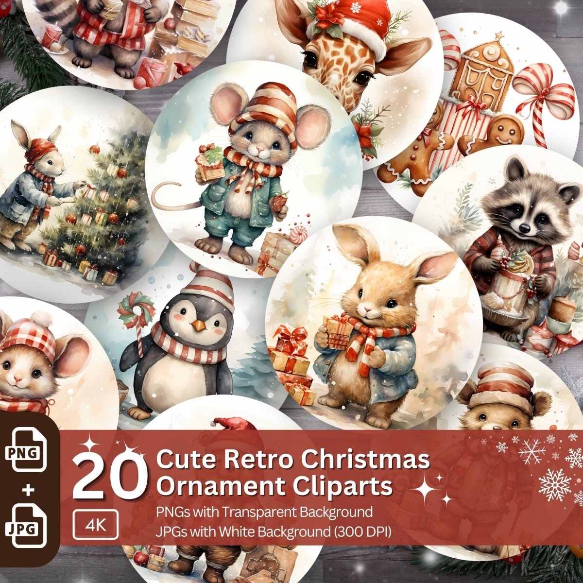 Retro Christmas Ornaments 20 PNG Printable Bundle Sublimation Design Festive Round Stickers Cute Animal Christmas Decoration Clipart - Everything Pixel