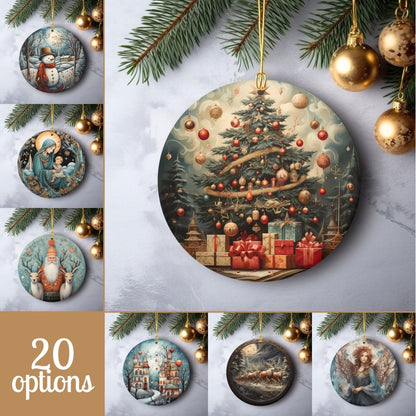 Retro Christmas Ornaments Set of 20 Round Ceramic Ornaments with Wonderful Retro Xmas Designs Festive Christmas Tree Decoration - Everything Pixel