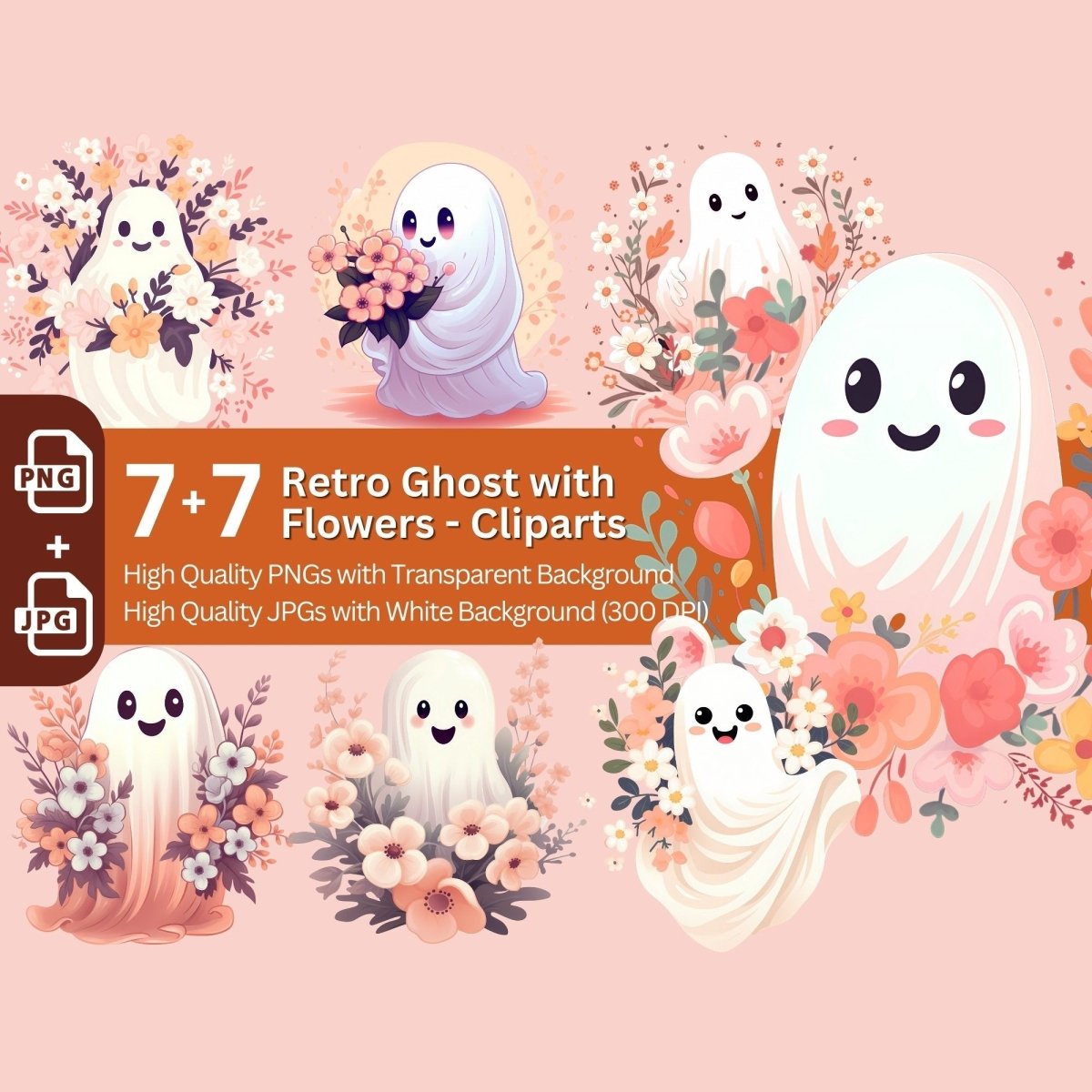 Retro Ghost with Flowers Clipart 7+7 PNG Bundle Halloween - Everything Pixel