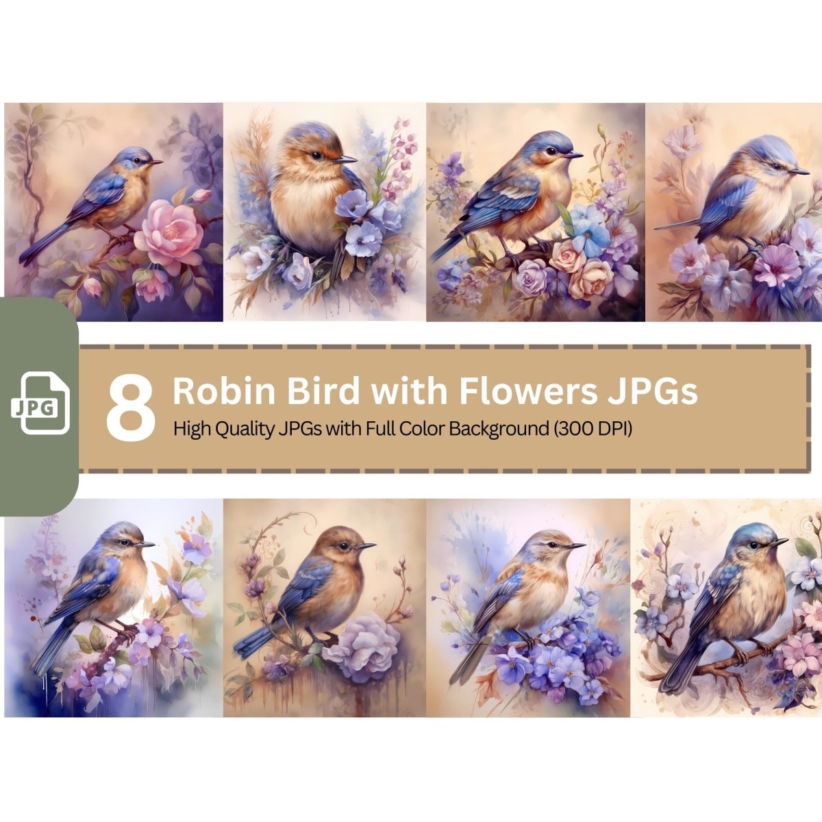 Robin Bird with Flowers Watercolor Clipart 8 High Quality JPG Nursery Art - Everything Pixel