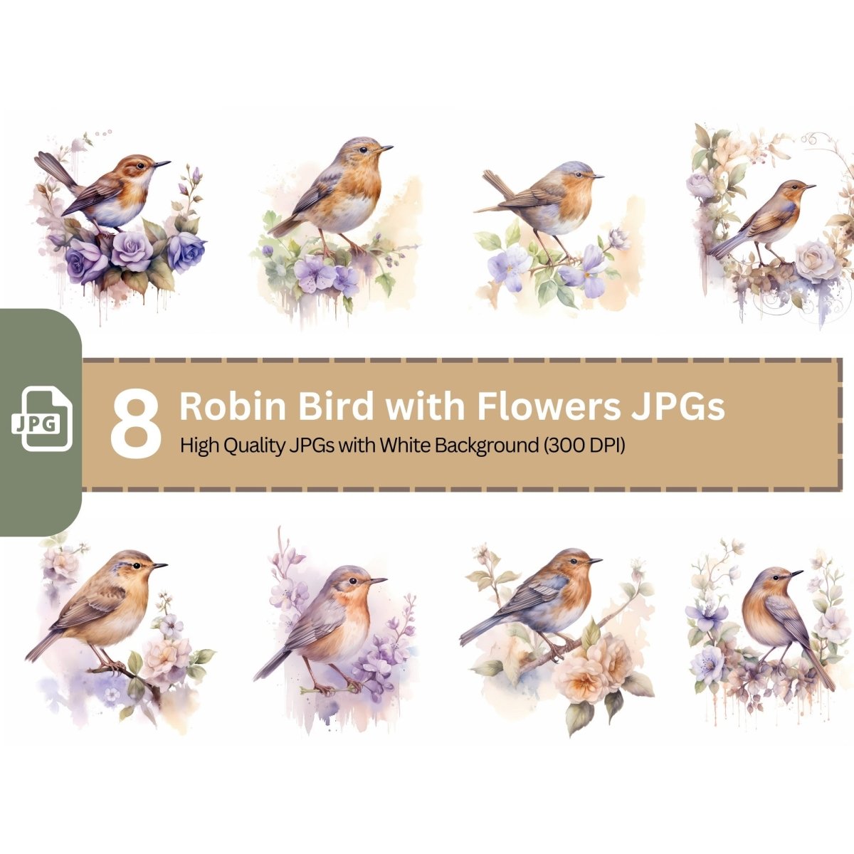 Robin Bird with Flowers Watercolor Clipart 8 High Quality JPG Nursery Art - Everything Pixel