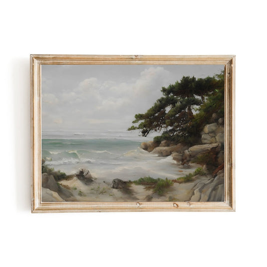 Rock coast with pines coast beach painting vintage art - Everything Pixel