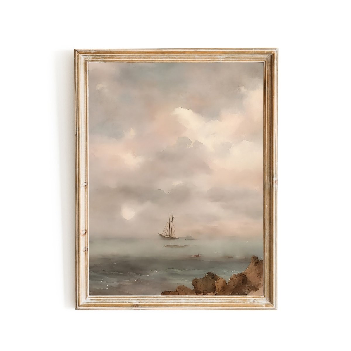 Rocky shoreline with damaged sailship watercolor coast painting - Everything Pixel