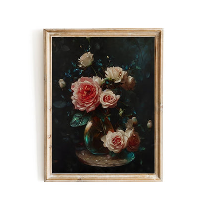 Roses in glasvase on table still life painting vintage farmhouse decor - Everything Pixel