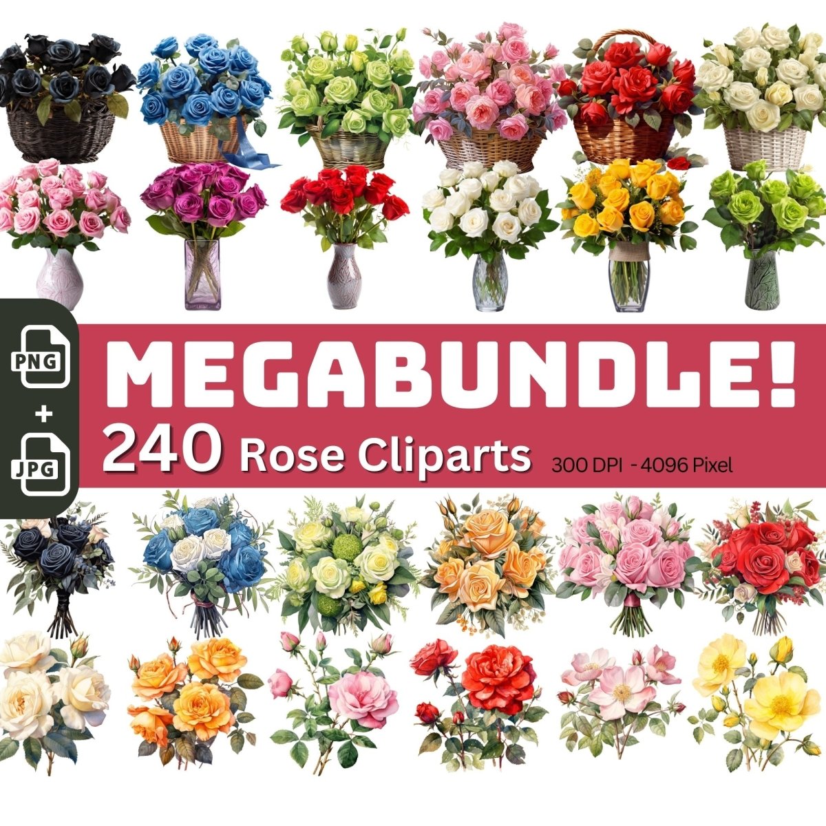 Roses Megabundle 240+240 High Quality PNGs Floral Clipart - Everything Pixel