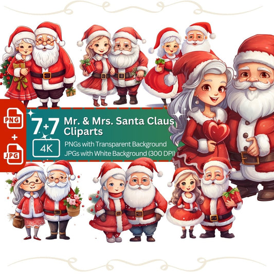 Santa and Mrs Claus Clipart 7x PNG Bundle Christmas Clipart Advent Art - Everything Pixel