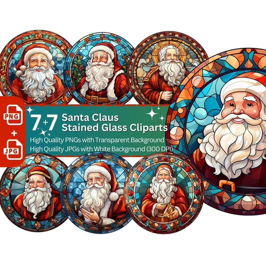 Santa Claus Stained Glass 7+7 PNG Clip Art Bundle Christmas Decoration - Everything Pixel