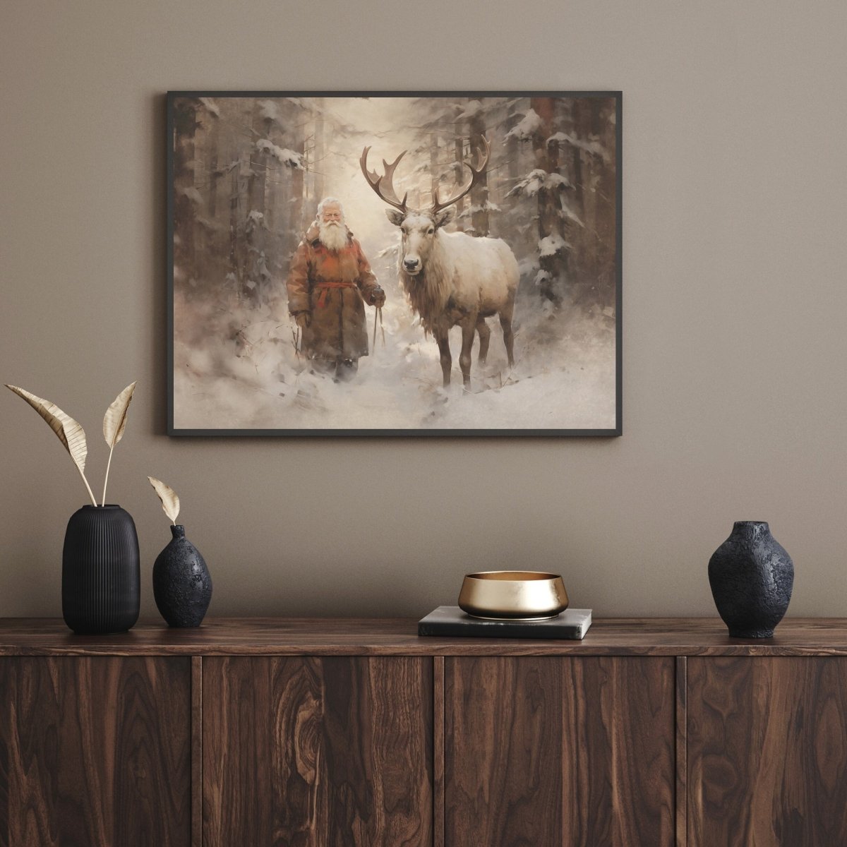 Santa with Reindeer Companion Wall Art Vintage Reindeer Painting Charming Christmas Scene Muted Rustic Seasonal Winter Artwork Paper Poster Print - Everything Pixel