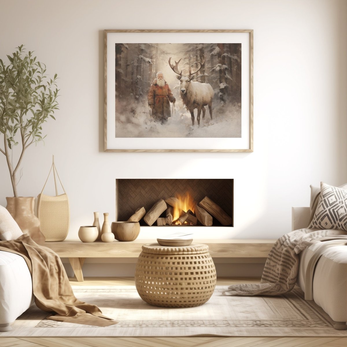Santa with Reindeer Companion Wall Art Vintage Reindeer Painting Charming Christmas Scene Muted Rustic Seasonal Winter Artwork Paper Poster Print - Everything Pixel
