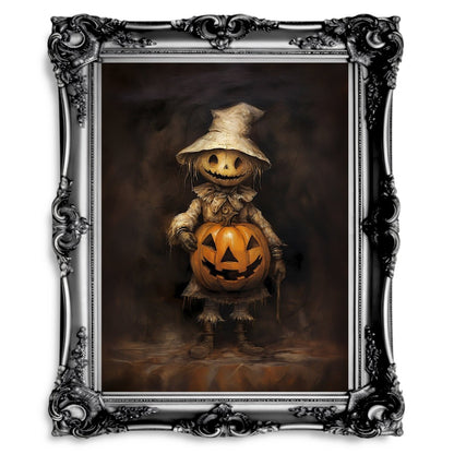 Scarecrow with Pumpkin Halloween Poster Vintage Painting Spooky Decor - Paper Poster Print - Everything Pixel