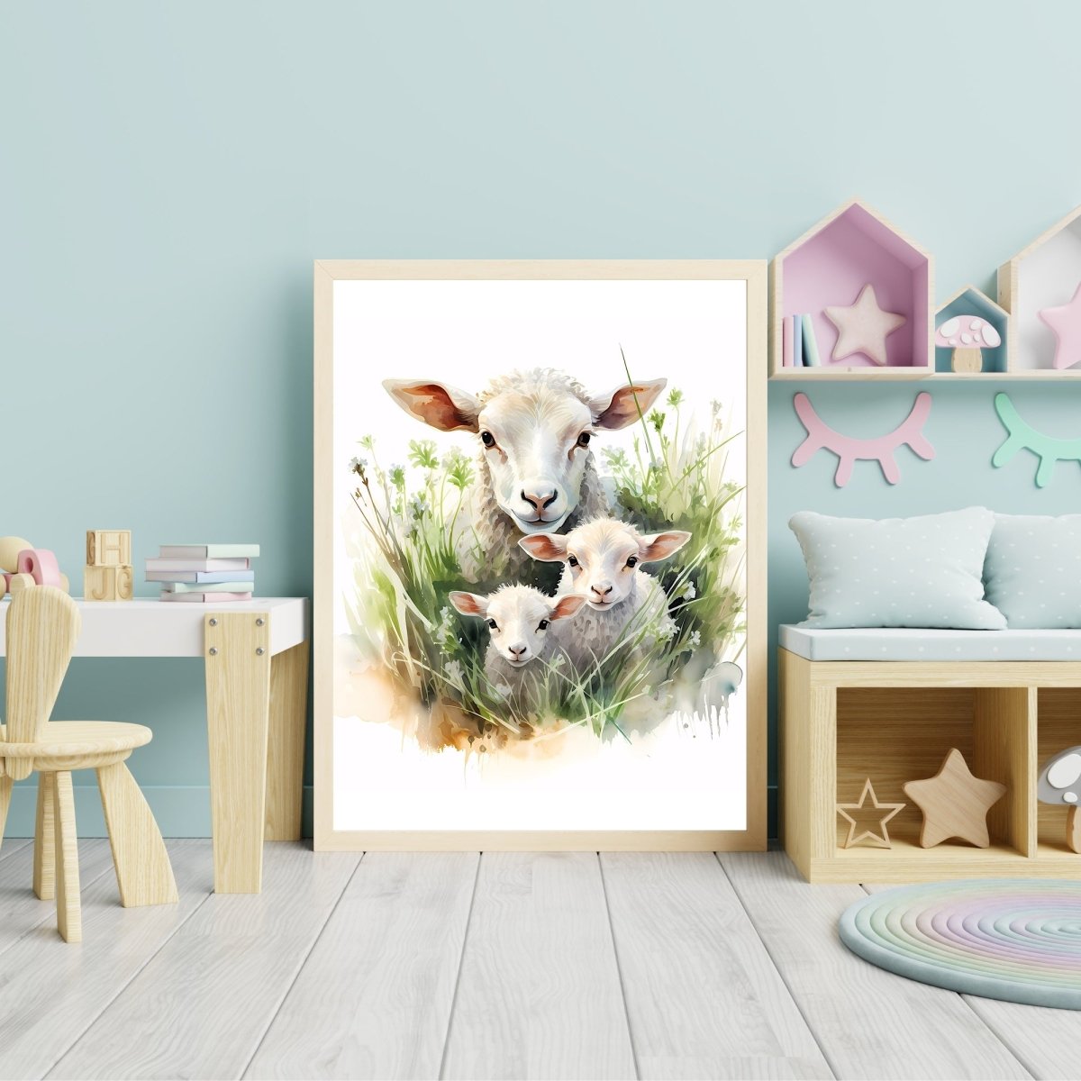 Sheep Family in High Grass - Watercolor Nursery Wall Art Print - Everything Pixel