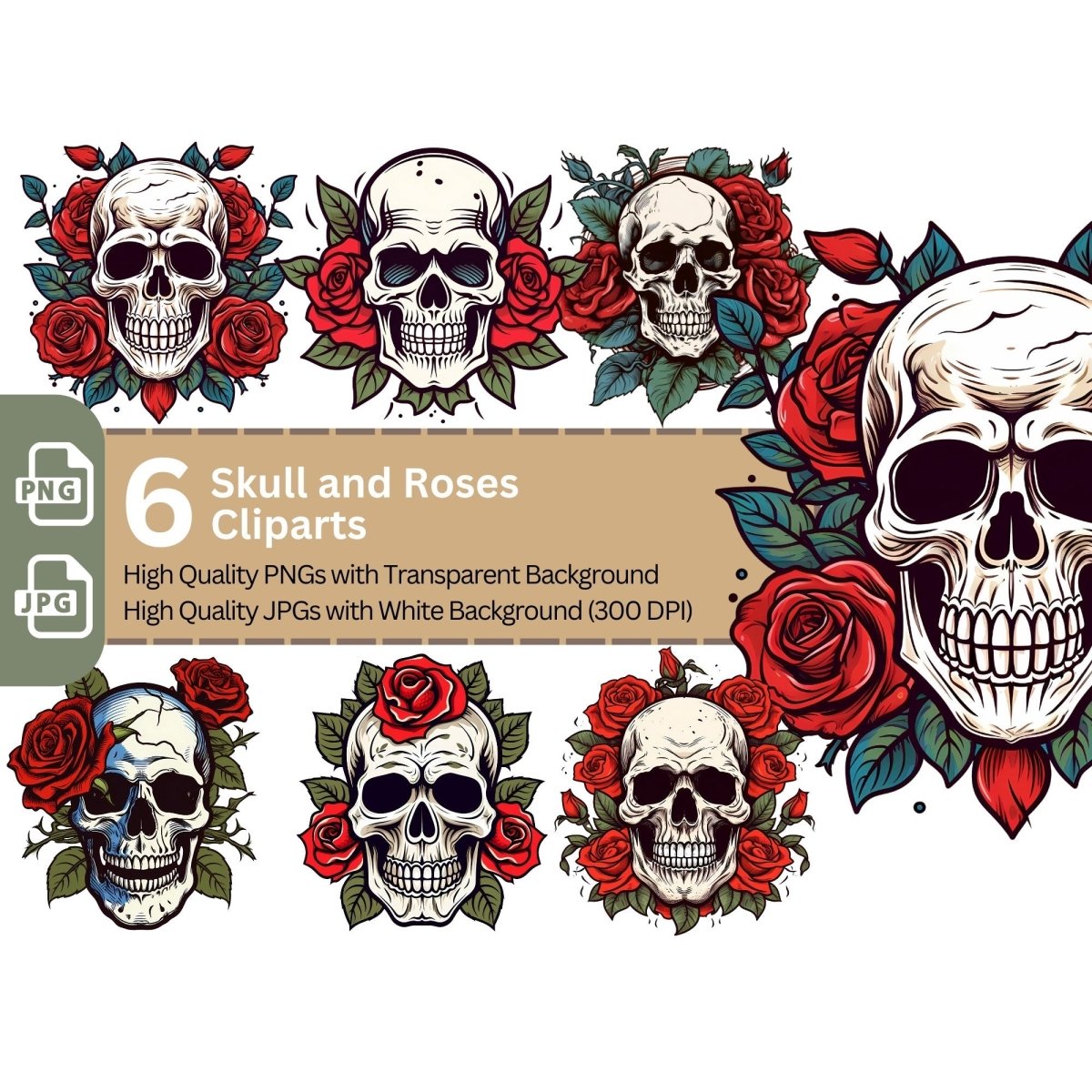 Skull and Roses 6+6 PNG Clip Art Bundle - Everything Pixel