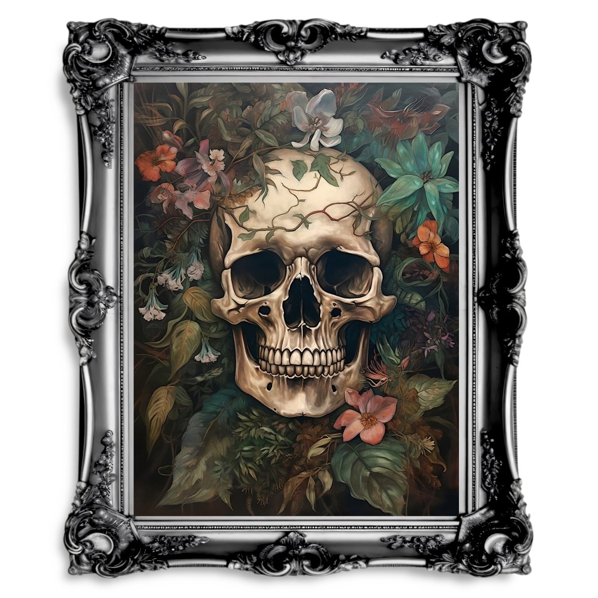 Skull & Flowers Wall Art Dark Academia Botanical Moody Goth Decor Dark Cottagecore - Everything Pixel